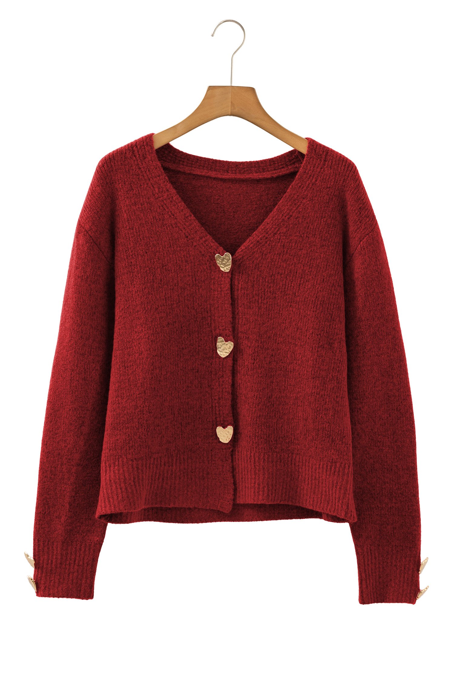 Fiery Red Heart Metal Button V Neck Cardigan Sweater - Image 10