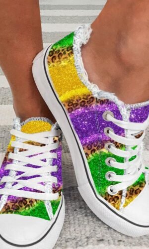 Multicolor Leopard Color Block Lace-up Canvas Shoes