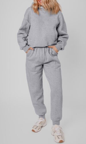 Gray Solid Exposed Seams Hoodie and Joggers Activewear Set