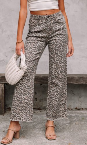 Brown Leopard Frayed Edge Wide Leg High Waist Jeans