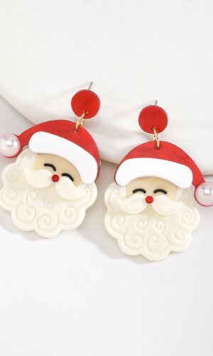 Fiery Red Bright Pearl Decor Cute Father Christmas Earrings