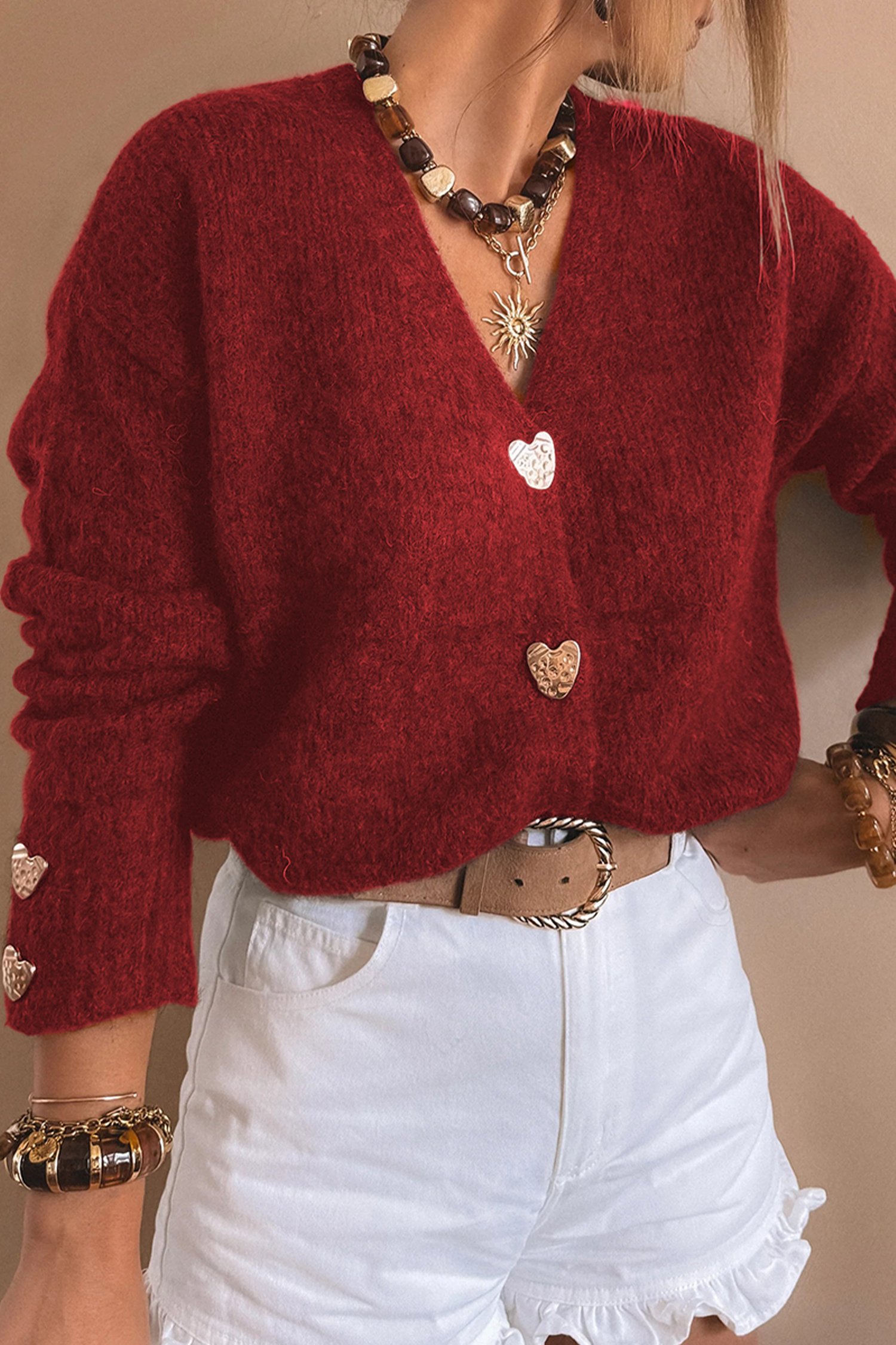 Fiery Red Heart Metal Button V Neck Cardigan Sweater - Image 7