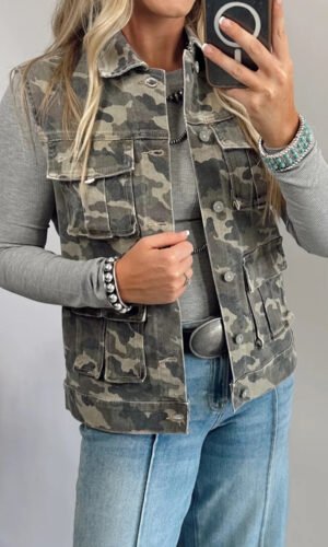 Green Camo Cargo Denim Vest