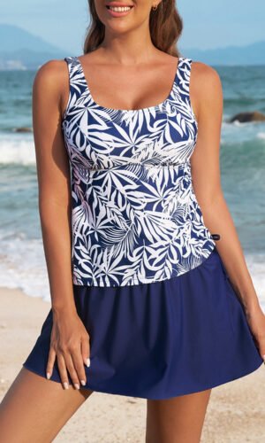 Blue Scoop Neck Adjustable Tankini and Matching Skort Bathing Suit