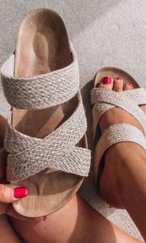 Beige Woven Cross Criss Hollowed Slip-On Slippers