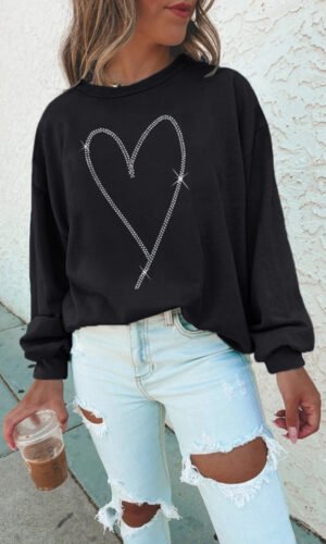 Black Rhinestone Heart Pattern Valentines Fashion Sweatshirt