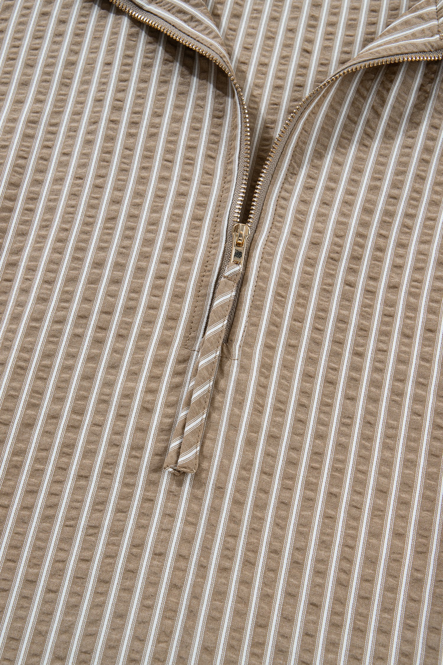 Khaki Stripe Zip up Collared Puff Sleeve Ruffled Plus Size Mini Dress - Image 7