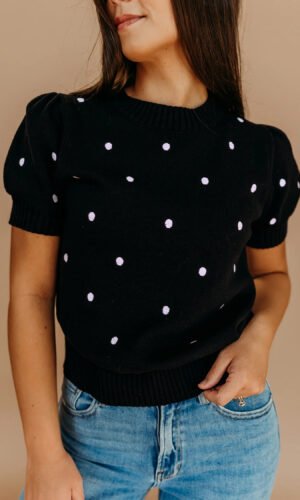 Black Elegant Polka Dot Bubble Short Sleeve Sweater