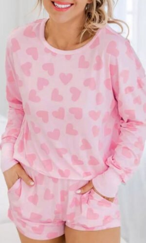 Pink Valentine Heart Shape Print Long Sleeve Top Shorts Lounge Set