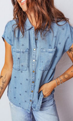 Beau Blue Star Allover Print Double Chest Pocket Short Sleeve Denim Shirt