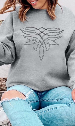 Gray Western Pattern Embroidered Drop Shoulder Pullover Top