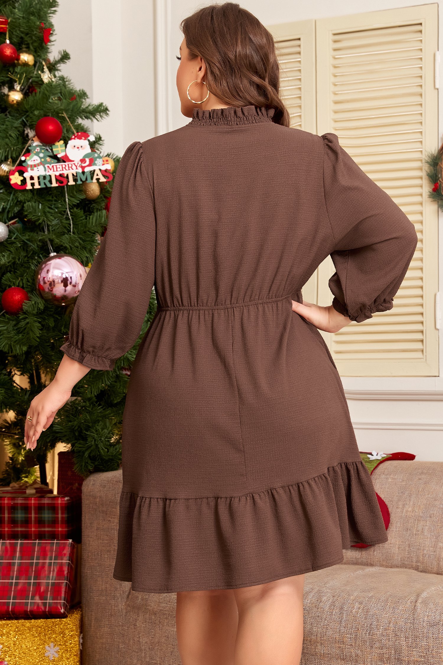 Coffee Plus Size Frilled Trim V Neck Puff Sleeve Textured Mini Dress - Image 2