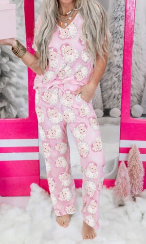 Pink Santa Claus Print V Neck Tee Drawstring Pants 2pcs Lounge Set