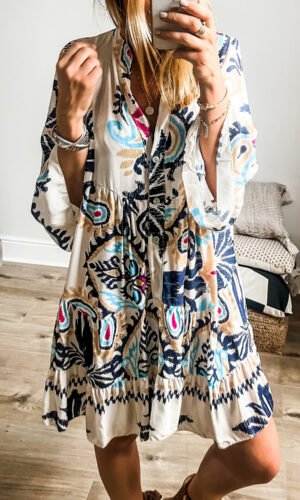 White Printed Tribal Bracelet Sleeve Buttoned Mini Dress