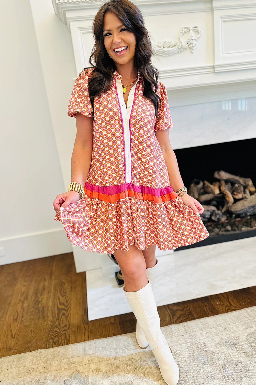 Orange Geometric Floral Print Color Block Trim Button Front Ruffle Hem Dress - Image 8