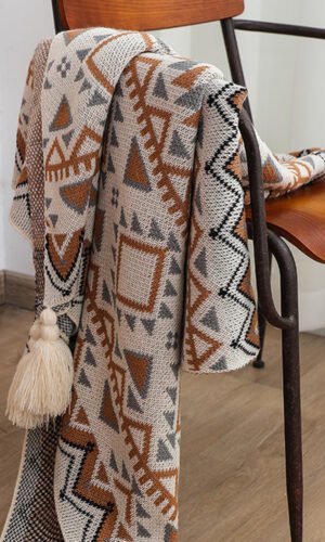 Parchment Geometric Pattern Knit Bohemian Tassel Blanket