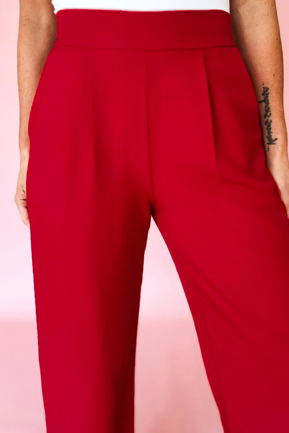 Fiery Red Pleated Detail Pull On High Elastic Waist Loose Straight Pants - Image 3