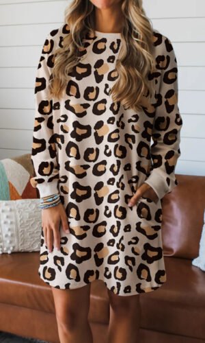 Khaki Leopard Long Sleeve Shift T Shirt Dress with Pockets