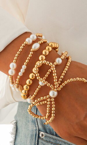 Gold Bow Knot Pearl Beaded Multi Layered Bracelet Set