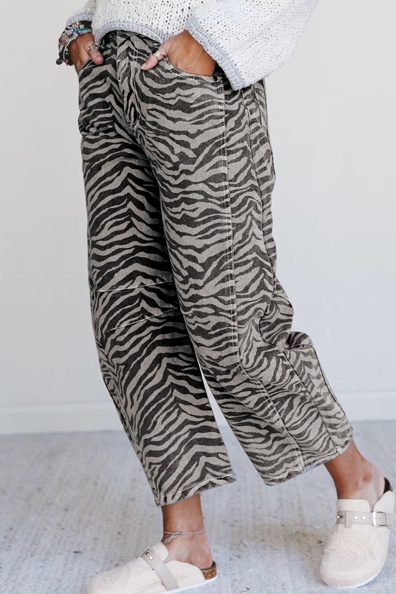 Gray Zebra Stripe Printed Wide Leg Jeans - Image 5