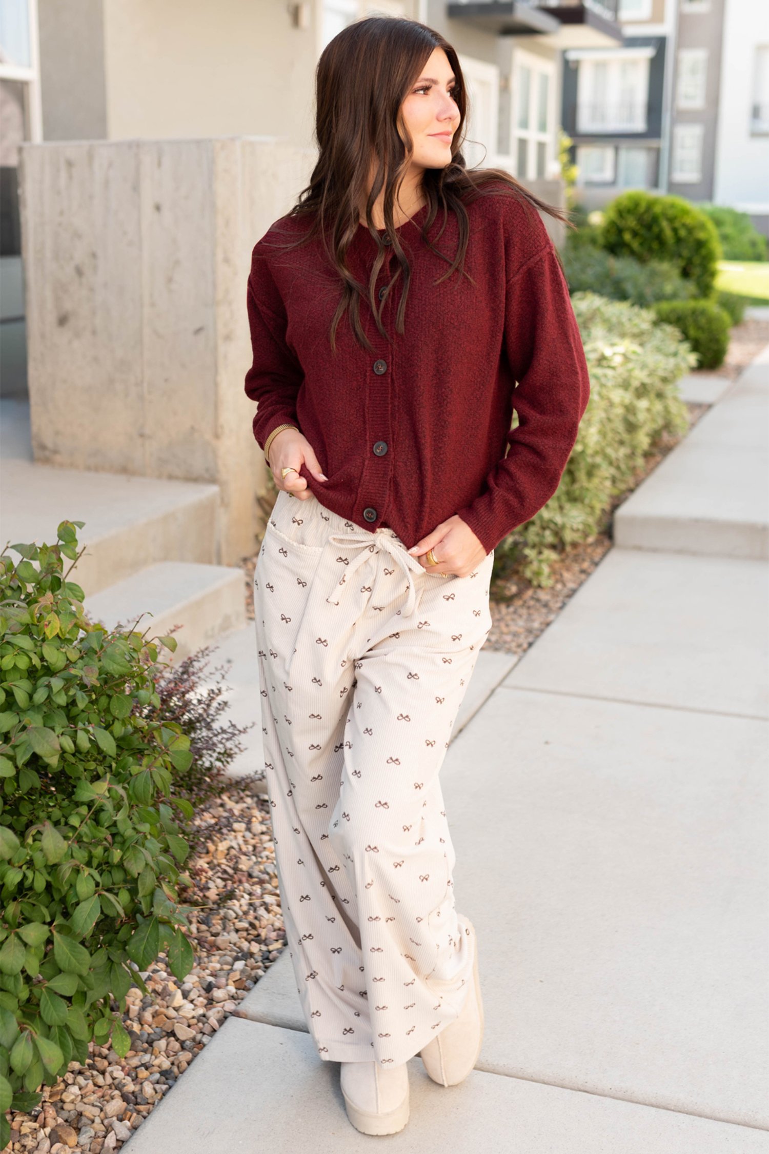 Apricot Bow Print Drawstring Elastic Waist Loose Corduroy Pants - Image 6