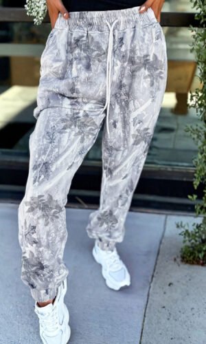 Gray Camo Print Cozy Drawstring Elastic Waist Jogger Pants