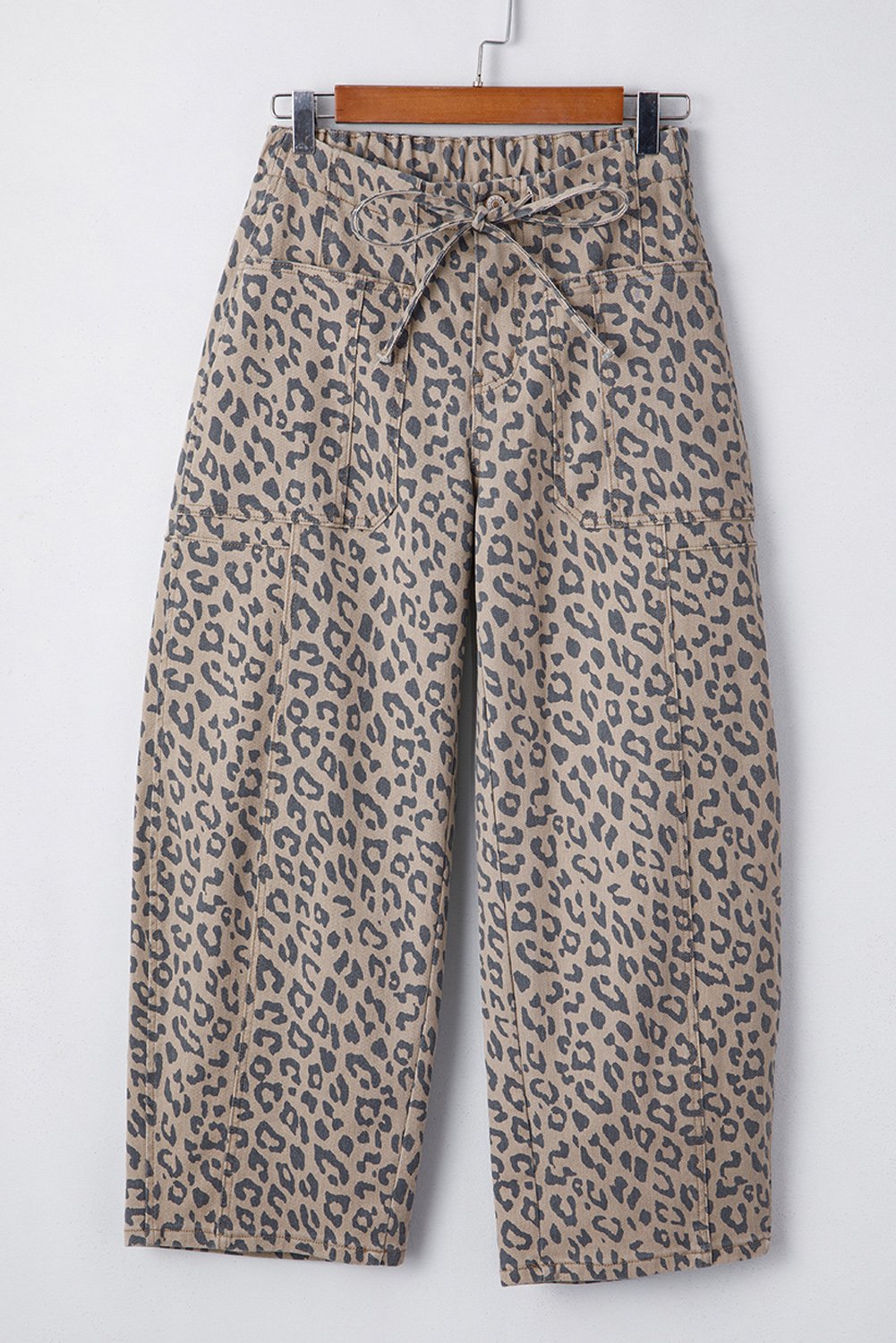 Khaki Leopard Printed Drawstring Elastic Waistband Pocketed Wide Leg Jeans - Image 3