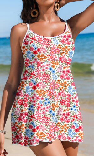Red Floral Print Ricrac Trim Spaghetti Strap One Piece Swim Dress