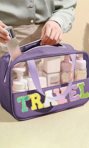 Purple TRAVEL Chenille Letter Clear PVC Makeup Bag