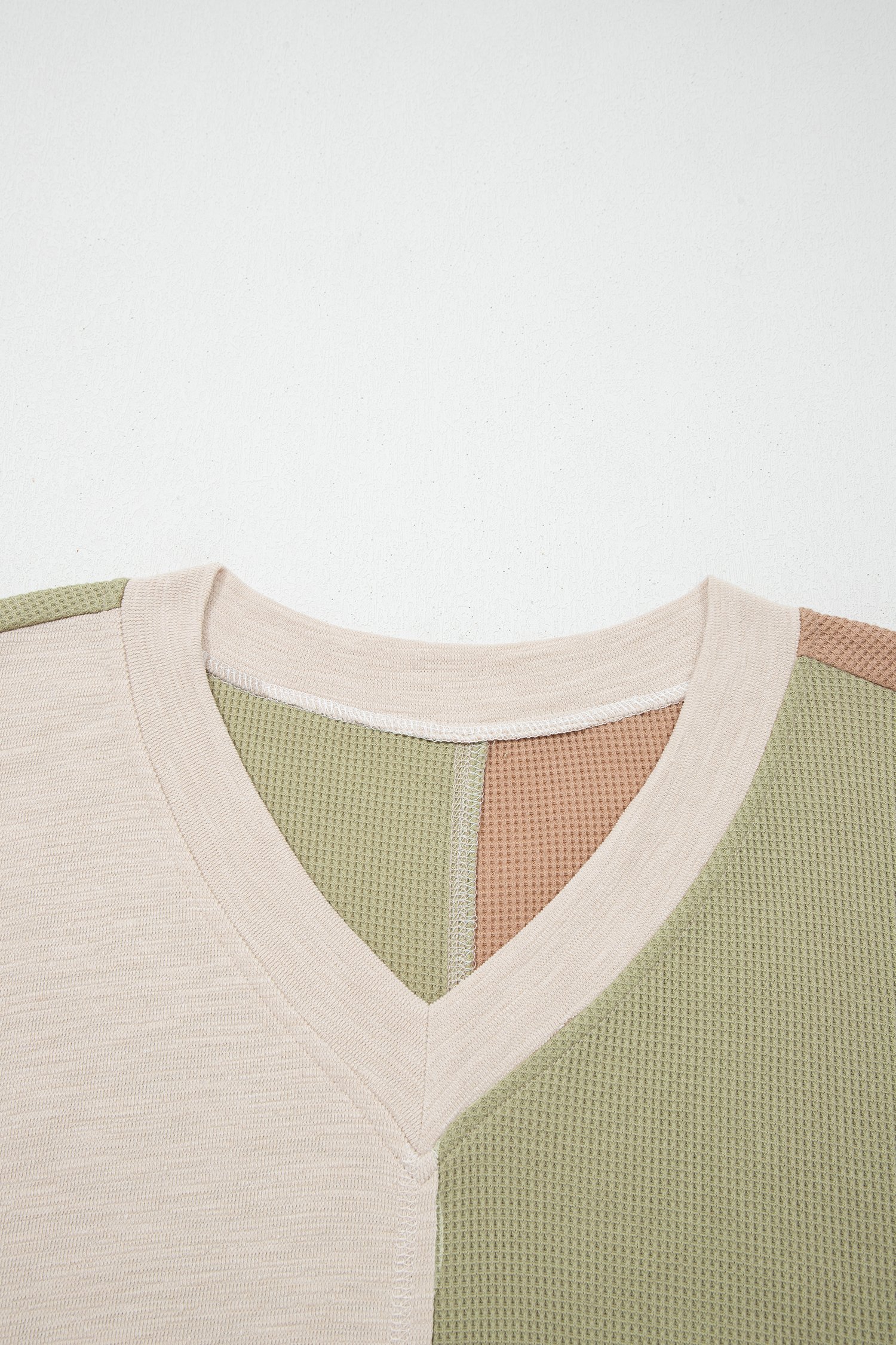 Green Plus Mixed Texture Color Block Patchwork V Neck Long Sleeve Top - Image 8