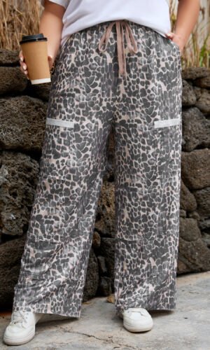 Khaki Plus Size Leopard Print Raw Edge Patch Pocket Drawstring Loose Pants
