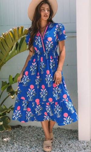 Sky Blue Floral Puff Short Sleeve V Neck High Waist Maxi Dress