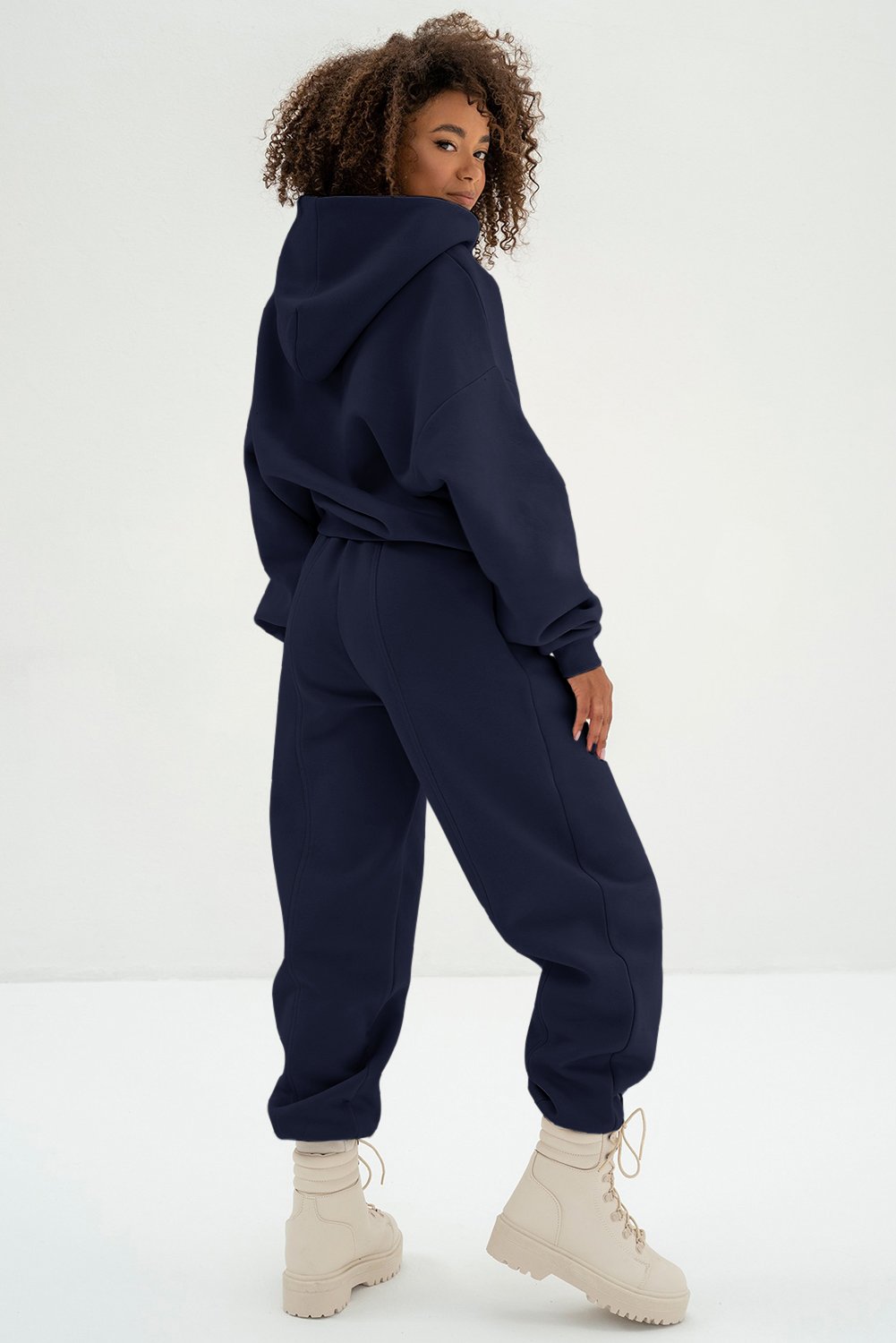 Navy Blue Solid Exposed Seams Hoodie and Joggers Activewear Set - Image 2