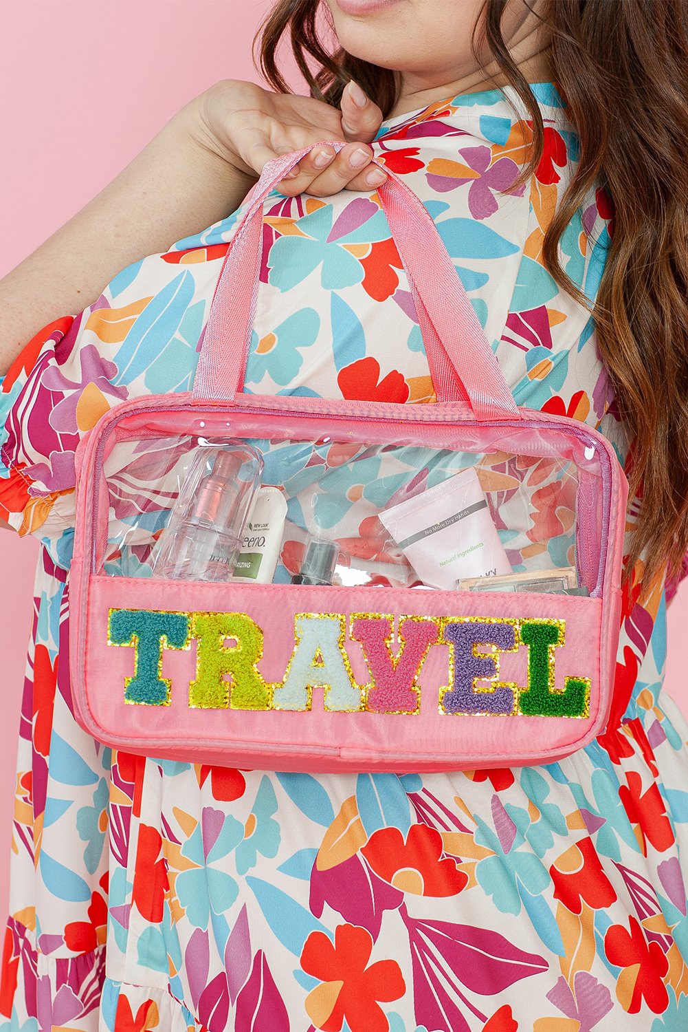 Light Pink TRAVEL Chenille Letter Clear PVC Makeup Bag - Image 3