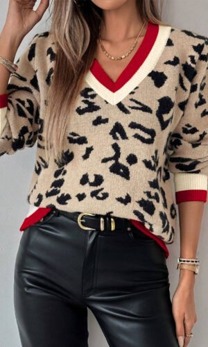 Khaki Leopard Pattern V-Neck Contrast Rib Knitted Sweater