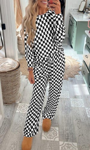 Black Checkered Print Long Sleeve Top and Pants Lounge Set
