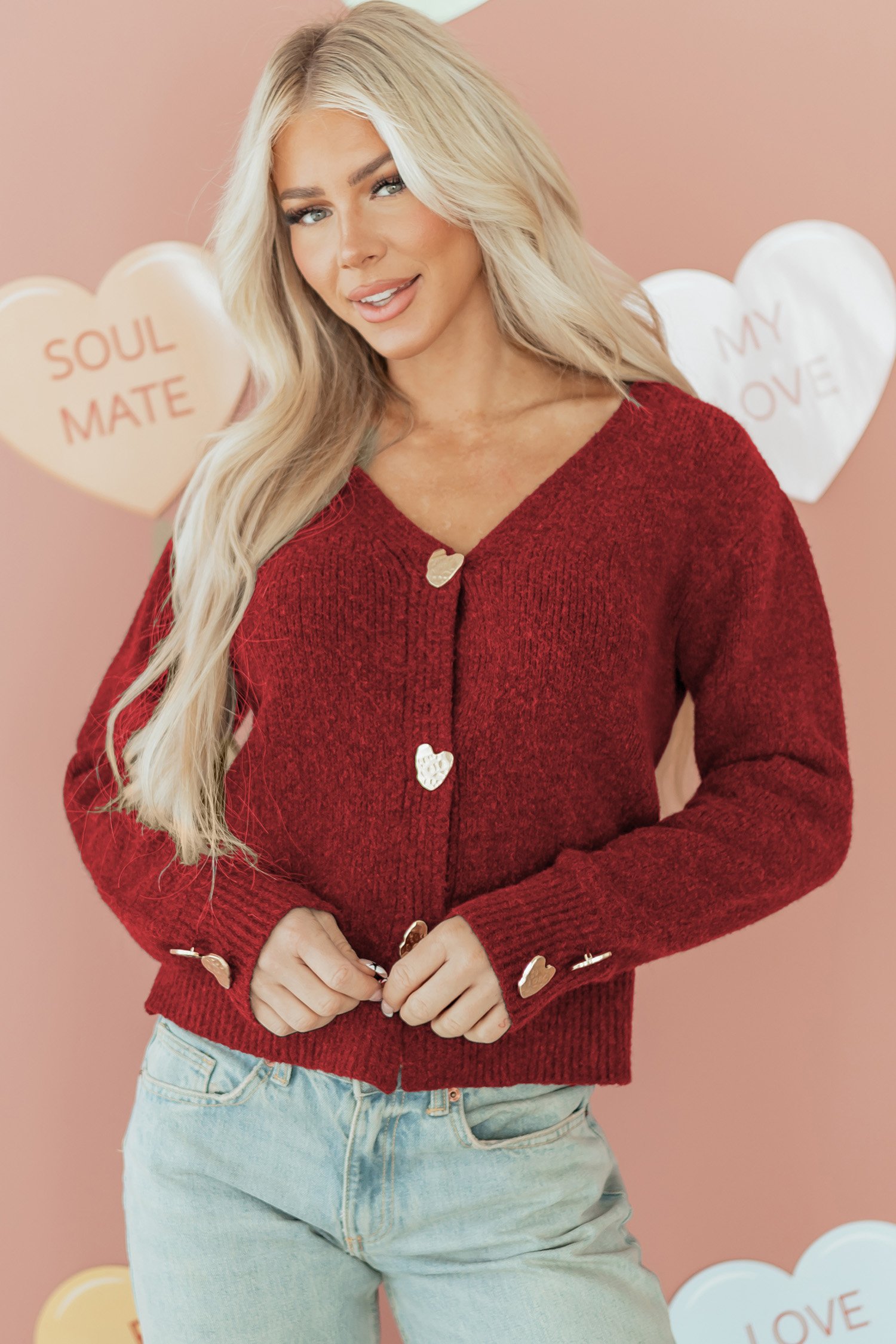 Fiery Red Heart Metal Button V Neck Cardigan Sweater - Image 6