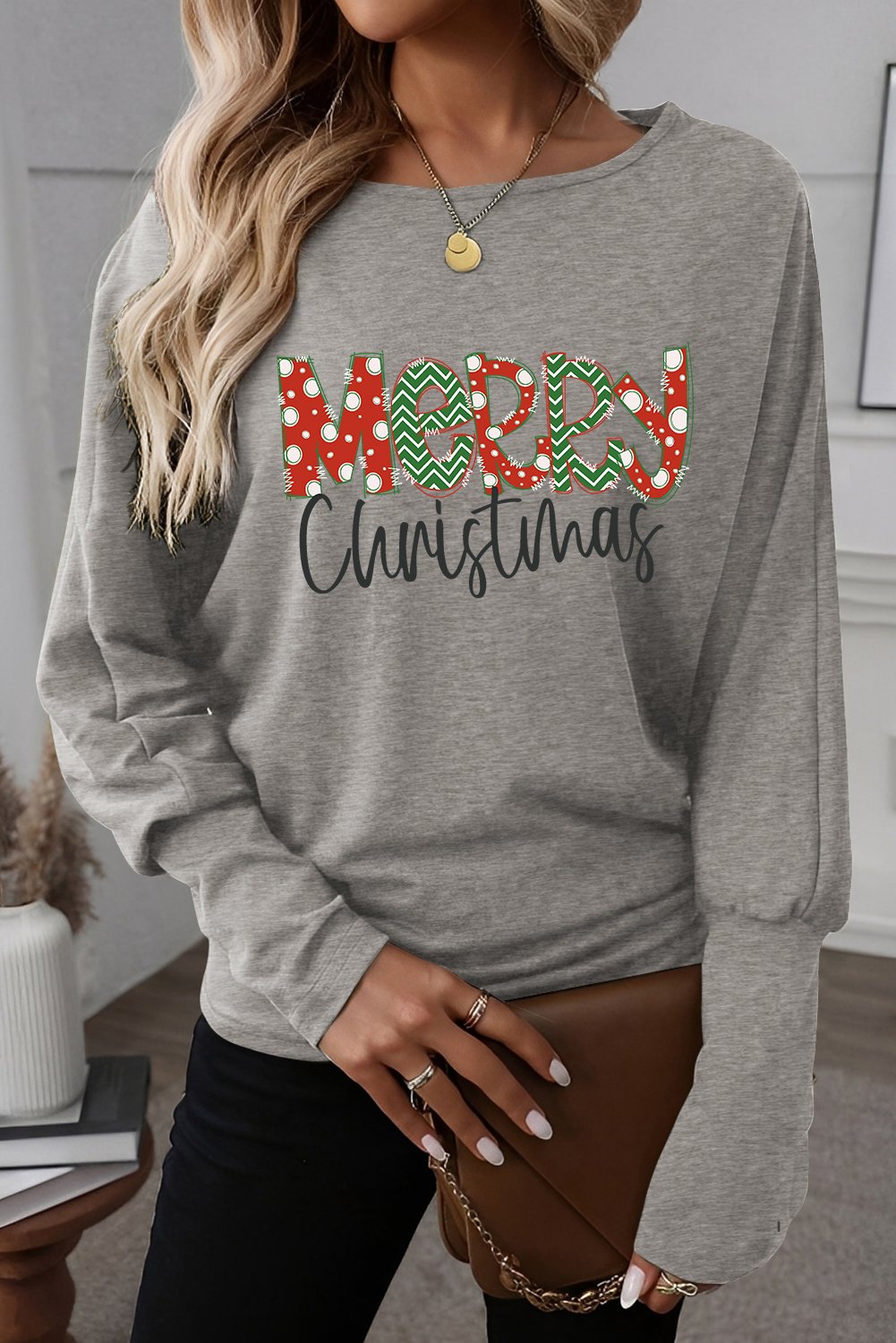 Light Grey Merry Christmas Graphic Extended Cuffs Dolman Long Sleeve Top - Image 3