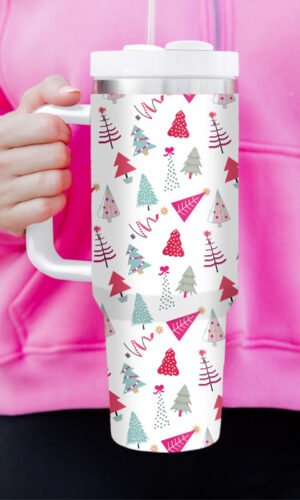 White Cartoon Christmas Tree Printed Thermos Cup 40oz