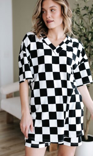 Black Checkerboard Print V Neck Loose Tee and Shorts Lounge Set