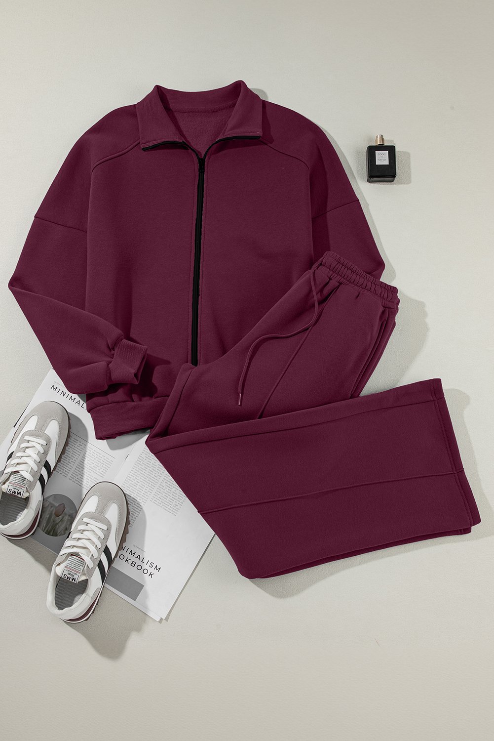Burgundy Drop Shoulder Zip Up Jacket Drawstring Pants Active 2pcs Set - Image 7
