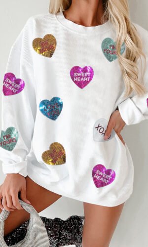 White Valentines Slogan Heart Sequin Corded Baggy Sweatshirt