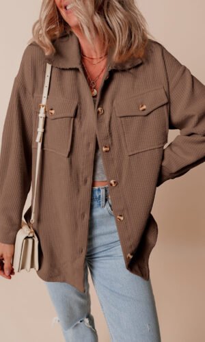 Chestnut Corduroy Flap Pocket Button Up Shacket