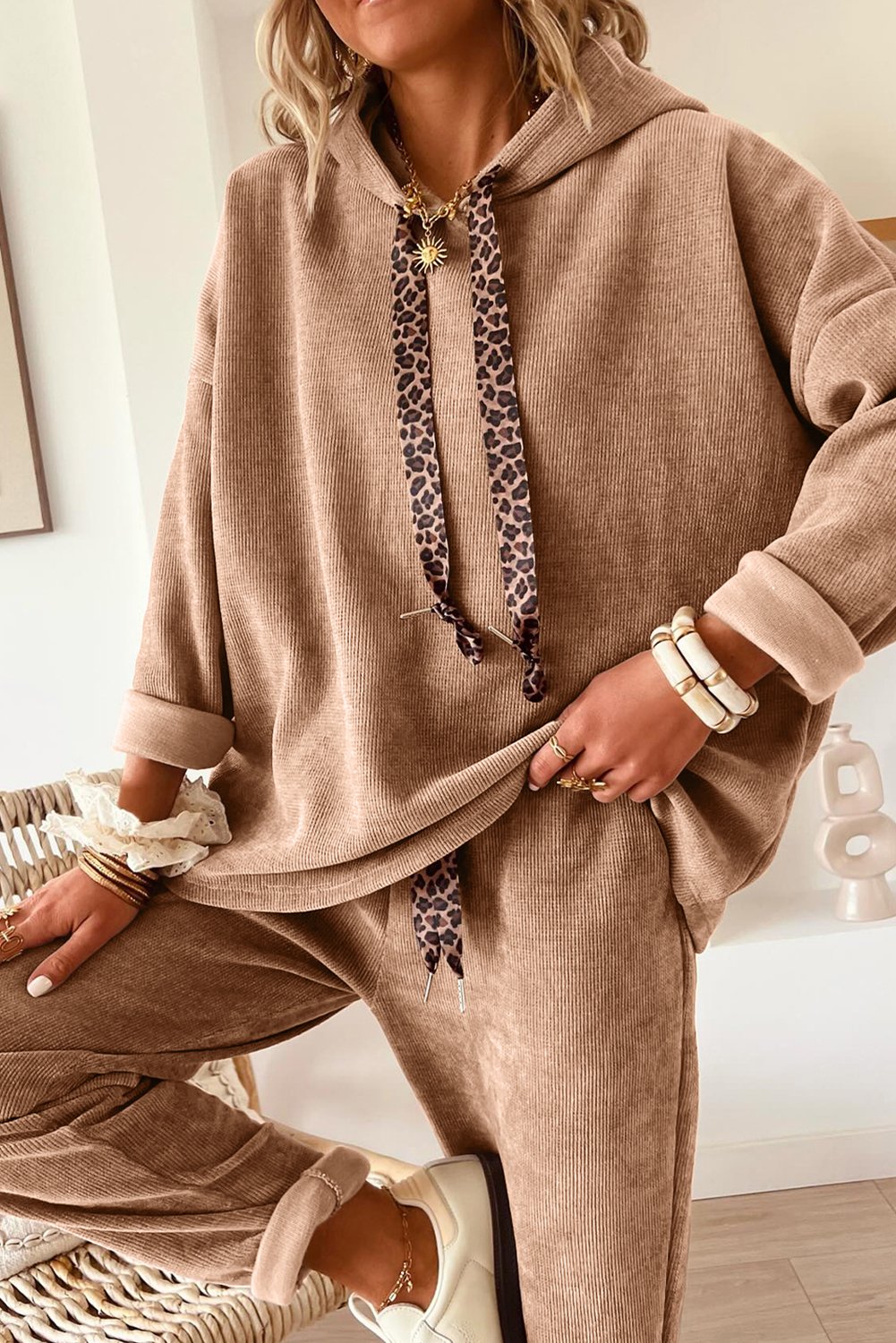 Dark Khaki Leopard Drawstring Pullover Hoodie and High Waist Pants Corduroy Suit - Image 3