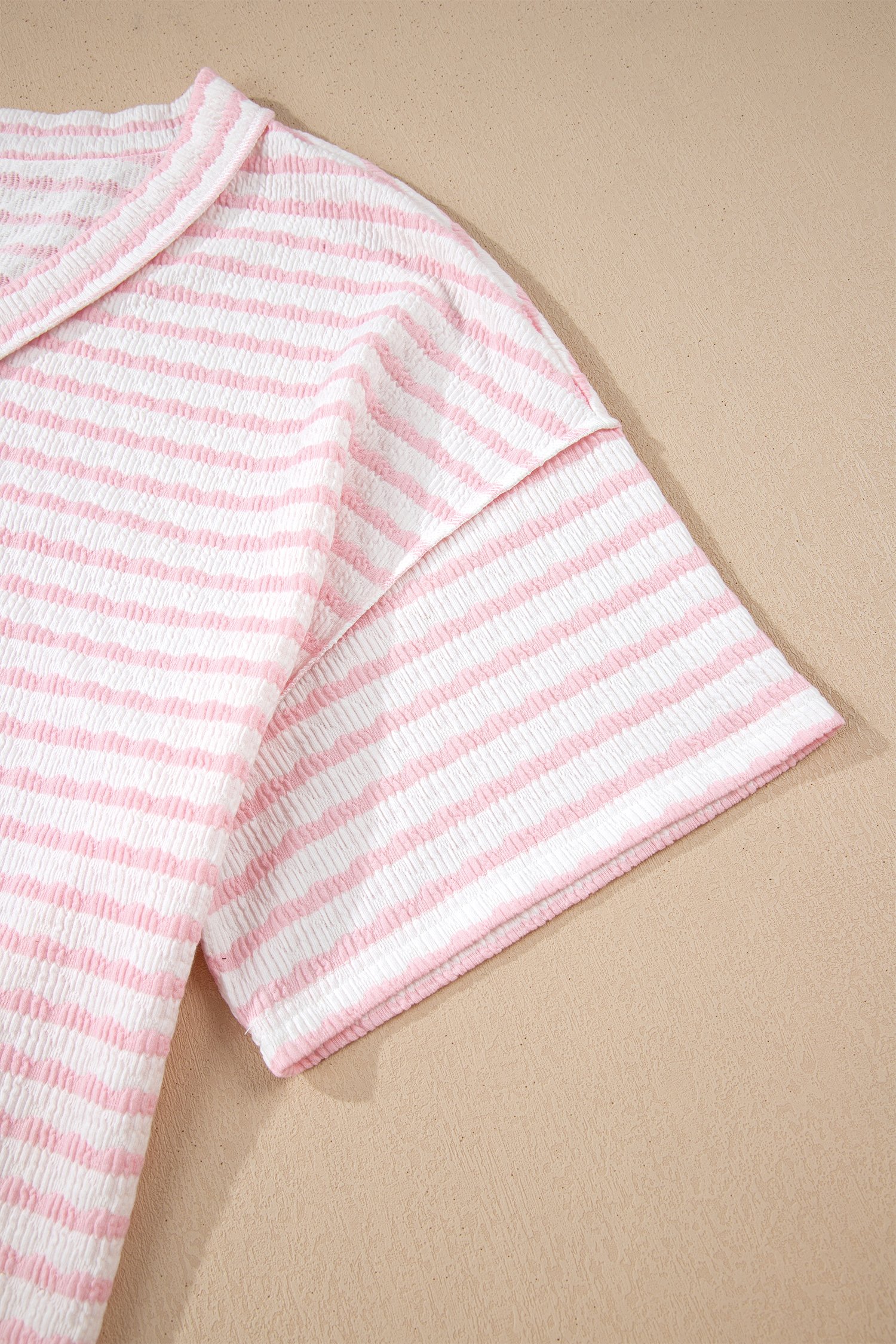 Pink Stripe Plus Size V Neck Exposed Seam Patchwork T Shirt - Image 8