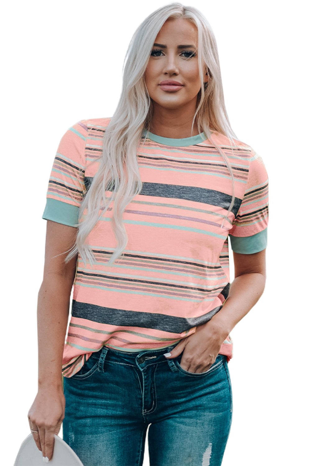 Pink Multicolor Stripes Crew Neck T Shirt - Image 6