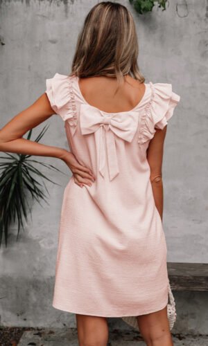 Light Pink Textured Flutter Sleeve Square Neck Bow Back Mini Dress