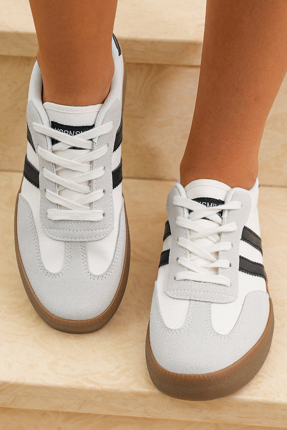White Striped Lace-up Flat Sneakers - Image 3