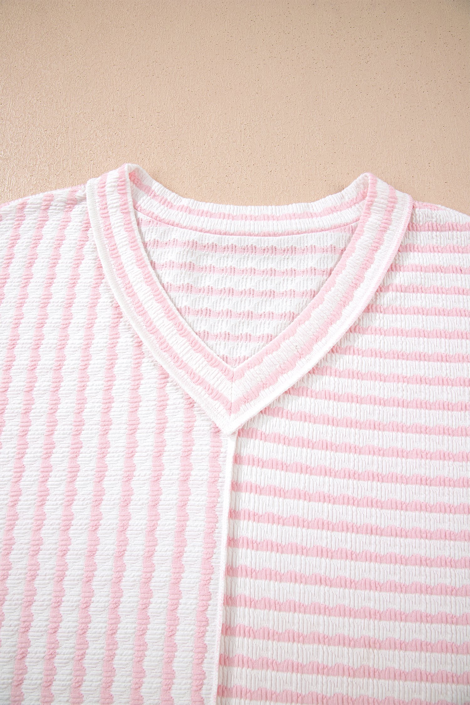 Pink Stripe Plus Size V Neck Exposed Seam Patchwork T Shirt - Image 6