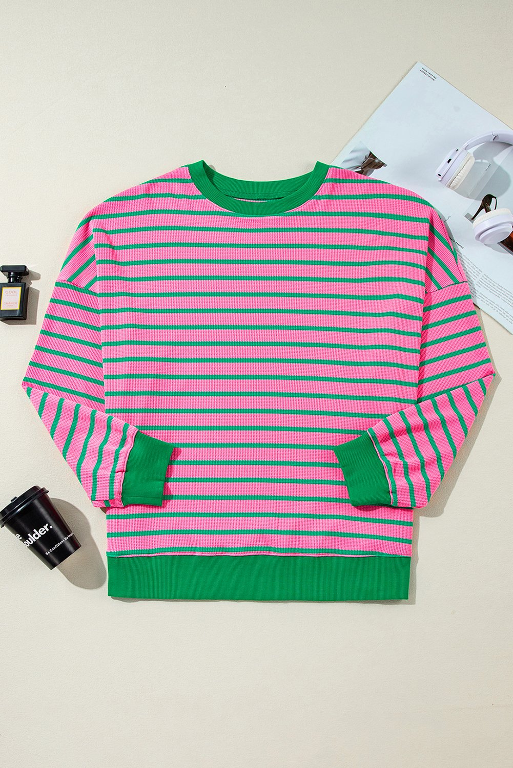 Pink Stripe Waffle Knit Crew Neck Plus Size Sweatshirt - Image 8